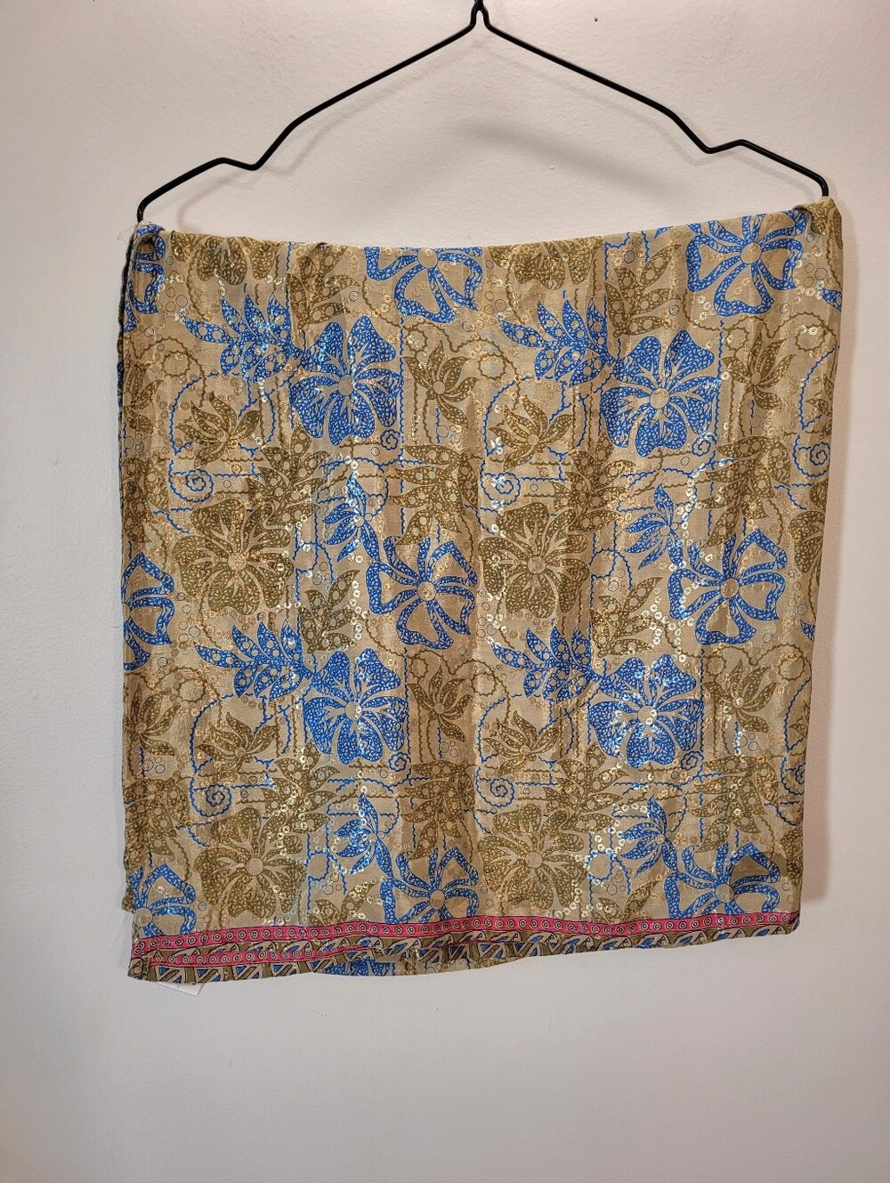 Darn Good Yarn Blue & Gold Tan Floral Silk Scarf Wrap - 35x36"